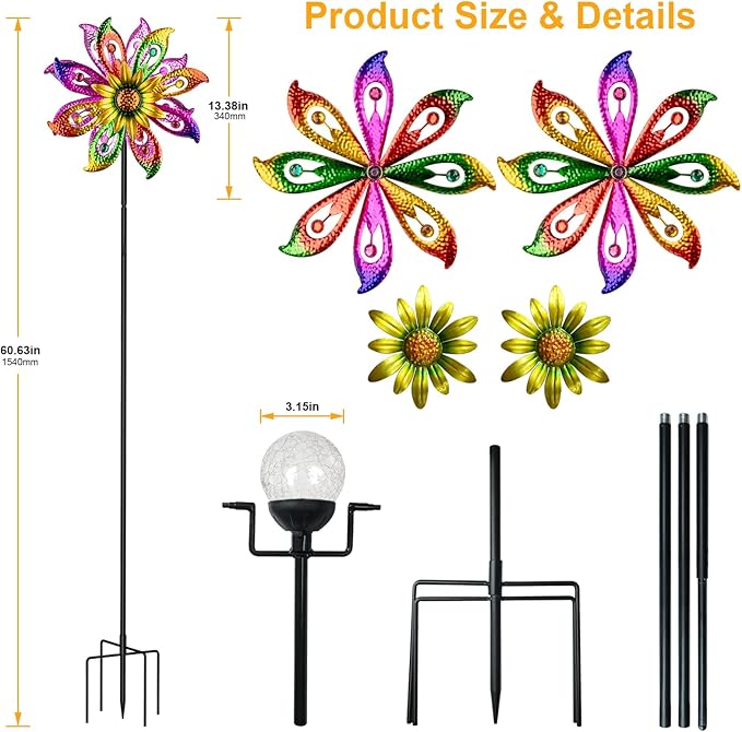 Solar Wind Spinners Outdoor with Lights Sunflower Garden Outdoor Decor Yard Lawn Art Decor for Patio Kinetic Windmills Unique Gifts for Friends and Family 60.63'' H x 13.38'' Dia 360° Rotation