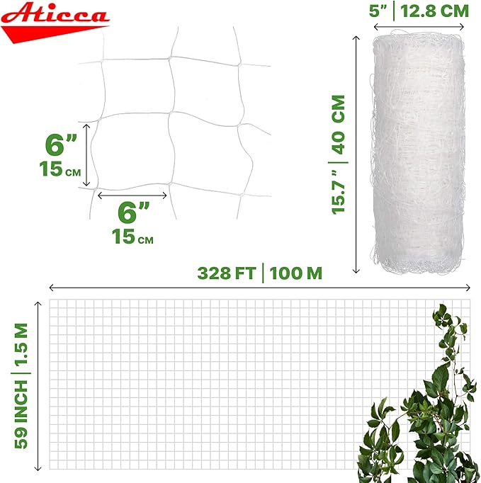 Plastic Trellis Netting 59" x 328 ft Heavy Duty Plant Support Netting White - 6 Inch Garden Trellis on Roll - Mesh for Growing Vine Climbing Plants, Flowers, Peas, and Cucumber