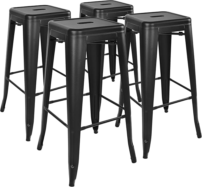 30 Inches Metal Bar Stools, High Backless Stools, Indoor Outdoor Stackable Kitchen Stools, Set of 4, Black