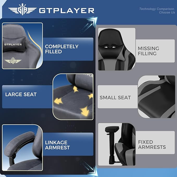 GTPLAYER Gaming Chair Fabric with Pocket Spring Cushion, Big and Tall Gamings Chairs 350LBS High Back Computer Chair with Footrest for Adults Lumbar Support Swivel Game Chair for Office Dark Grey