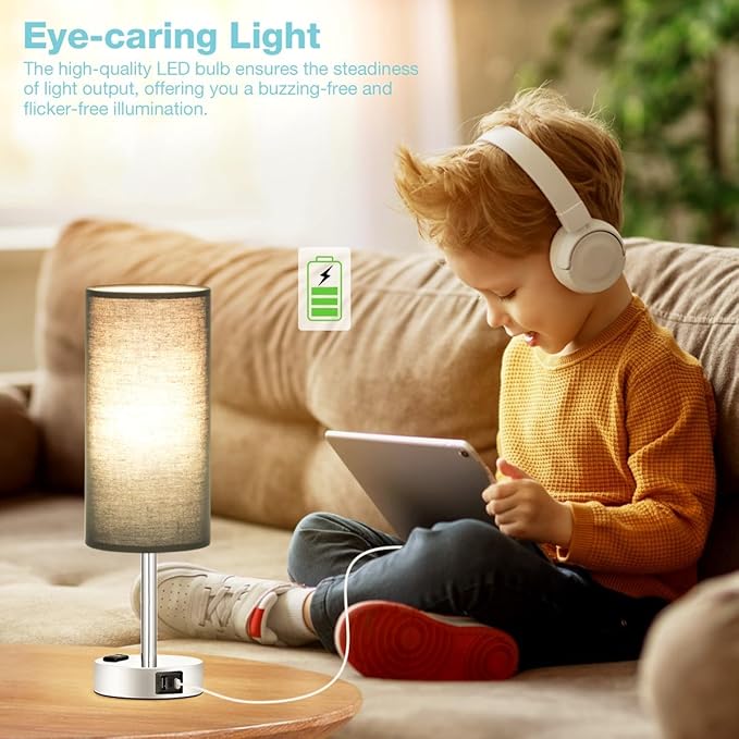 Black Bedroom Table Lamp for Bedside - 3 Way Dimmable Touch Lamp USB C A Charging Ports and AC Outlet, Small Desk Lamp for Nightstand for Living Room with Silver Base, Office Desk, LED Bulb Included