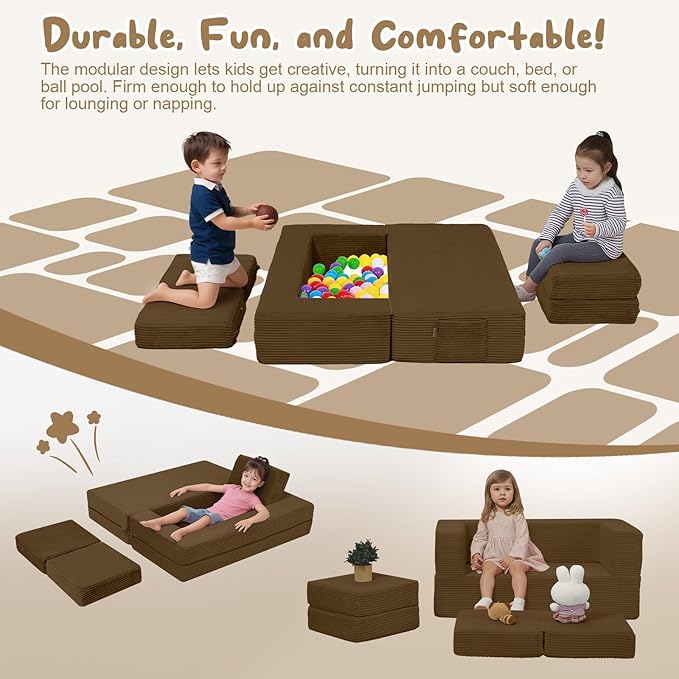 MeMoreCool Modular Kids Couch, Corduroy Play Toddler Couch for Bedroom Playroom Furniture, Convertible Foam Kids Sofa Bed, Fold Out Baby Sofa for Girl Boy, Brown