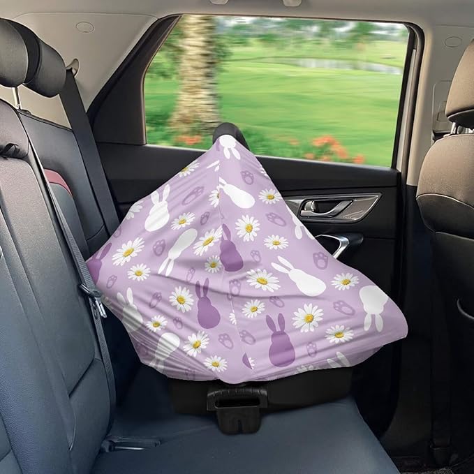 Wanyint Stretchy Baby Car Seat Covers Carseat Canopy Baby Breastfeeding Stroller High Chair Shopping Cart Cover Nursing Scarf Infant Stroller Cover, Easter Rabbit Paw Daisy Violet