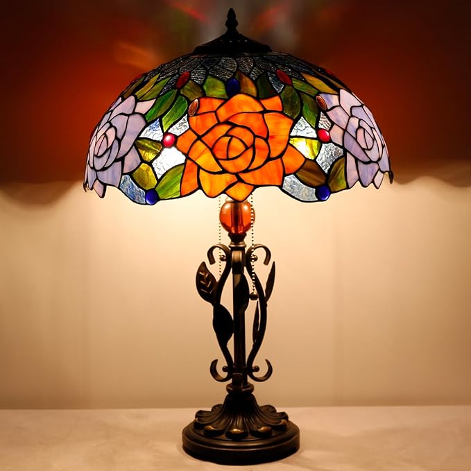 Tiffany Table Lamp Yellow Red Rose Flower Stained Glass Desk Reading Light 16X16X24 Inch Metal Leaf Base for Bedroom Living Room Home Office
