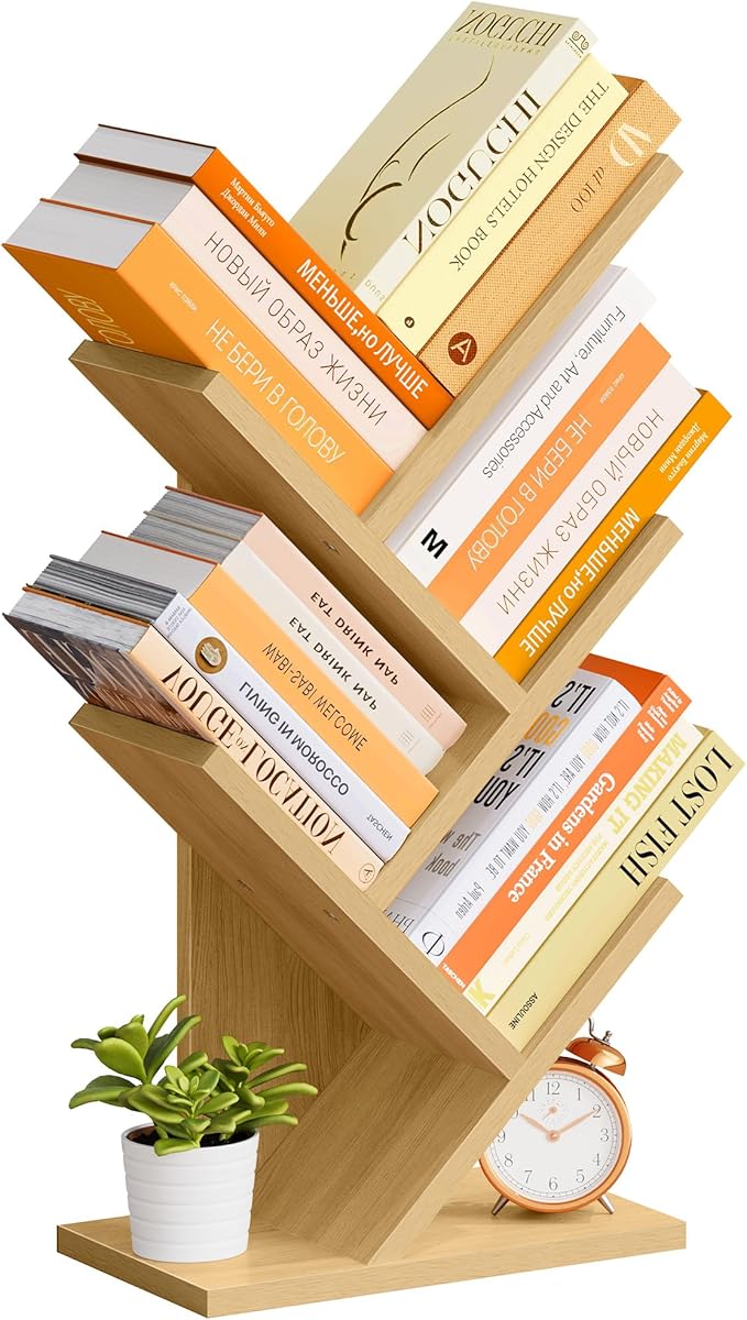 Hoctieon 4 Tier Tree Bookshelf, 4 Shelf Bookcase, Free Standing Tree Bookcase, Display Floor Standing Shelf for Books, Book Organizer Shelves for Home Office, Living Room, Bedroom, Yellow