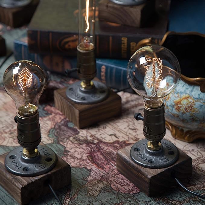 OuXean Vintage Table Lamp, Industrial Nightlight Steampunk Desk Lamp with E26 Antique Lamp Holder for Bedroom Living Room Home Art Display Cafe Bar Studio Antique Decor, Push Button(Without Bulb)