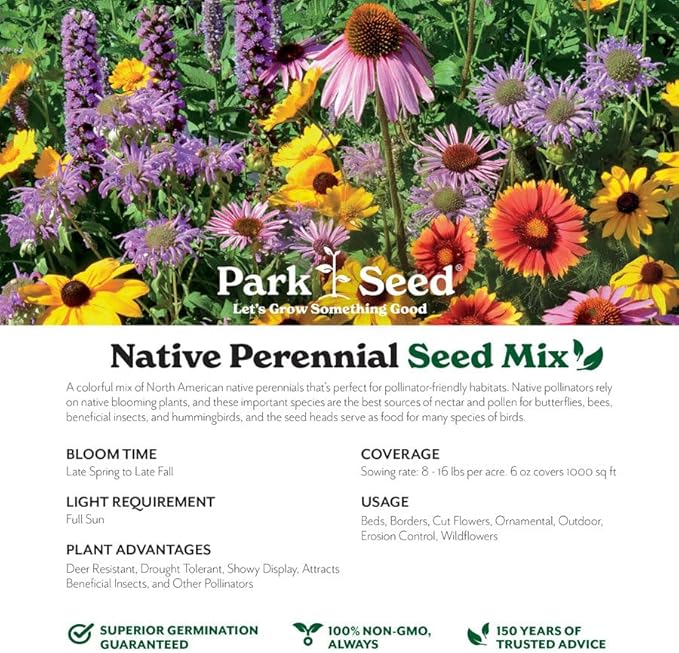 Park Seed Grow Your Own Vibrant Perennial Wildflower Garden Seeds Mixture, Easy to Grow Varieties for Pollinators and Spring Gardens - Native Perennial Mix, 1/4 lb