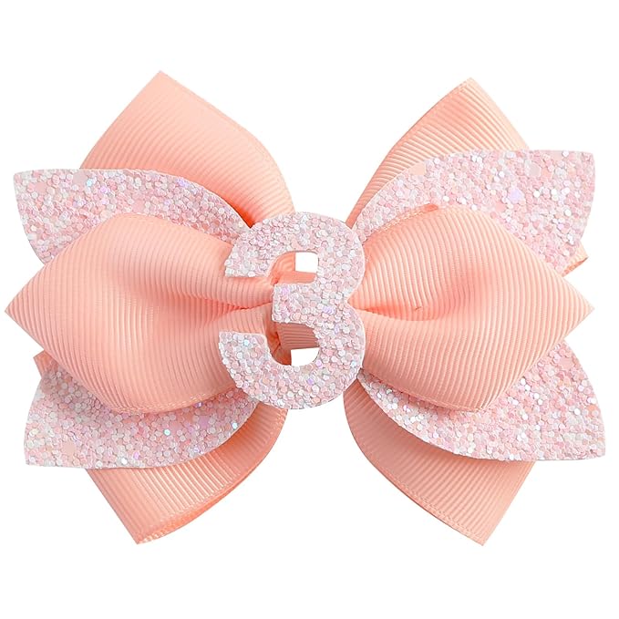 Glitter Birthday Hair Bow for Baby Girls 1 2 3 4 5 6 Years Peach Party Decoration Hair Accessories for Three 3rd Third Birthday