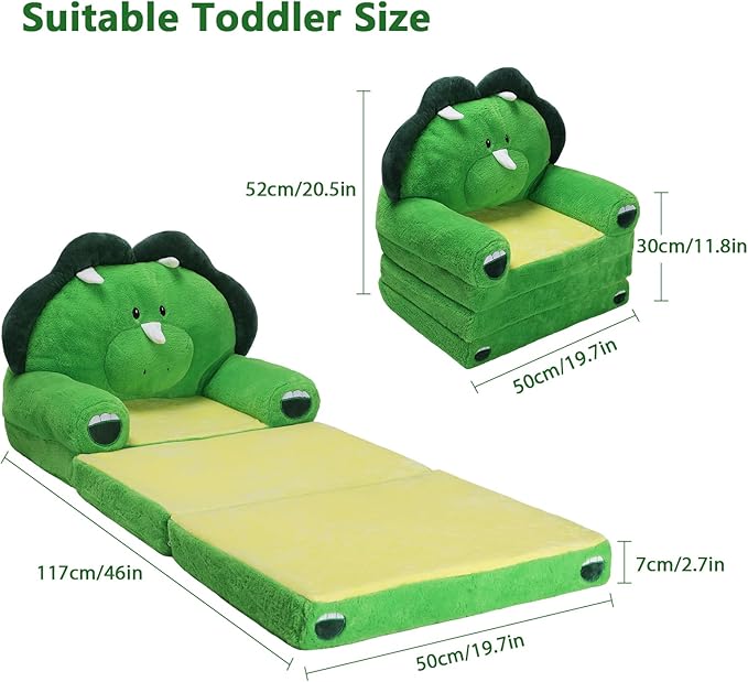 Foldable Kids Couch Toddler Backrest Armchair 2 In 1 Flip Open Sofa Bed for Chidren, Cartoon Comfy Soft Kids Chair, Steady Lightweight Toddlers Sofa Bed for Bedroom Livingroom Playroom Dinosaurs
