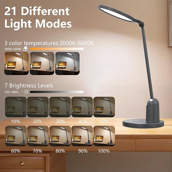 Desk Lamps for Home Office with Stable Base, 1000LM Ultra Bright Eye-Caring LED Desk Light, 3000K-6000K Dimmable Table Lamp with Stepless Dimming & Timing Function for Work, Reading, Bedroom, Bedside