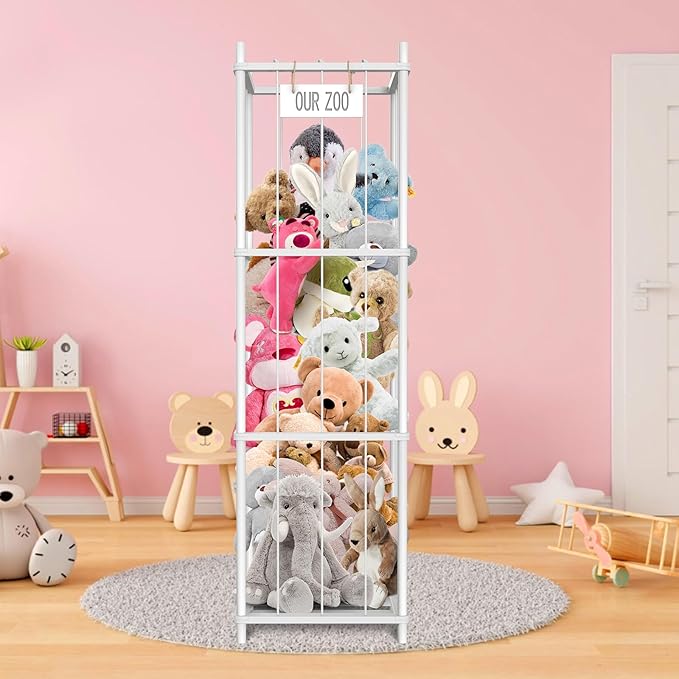 Stuffed Animal Storage, 54 inch Large Plushy Organizers, Wood Stuffed Animal Zoo Storage, Space Save Vertical Stuffed Animals Holder Holds 50+ Stuffed Animals for Nursery Playroom Bedroom (White)
