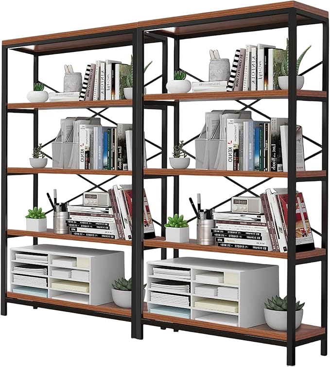 Himimi Industrial Bookshelf 5-Tier Set of 2, Bookcase 58" H Ladder Shelf, Storage Shelves Rack Shelf Unit, Accent Furniture Metal Frame, Home Office Furniture, Vintage Brown（2PCS）