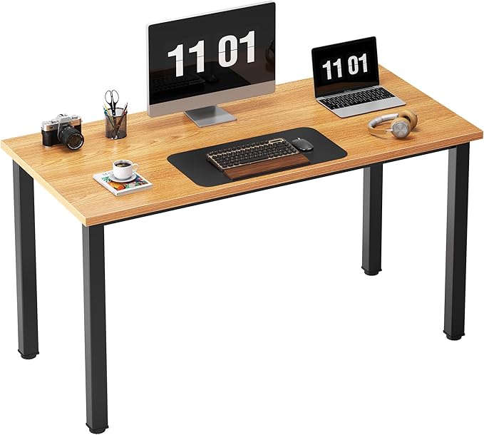 Need Computer Desk, 47 inch Home Office Desk, Modern Simple Style Home Office Gaming Desk, Basic Writing Table for Study Student, Black Metal Frame, Teak