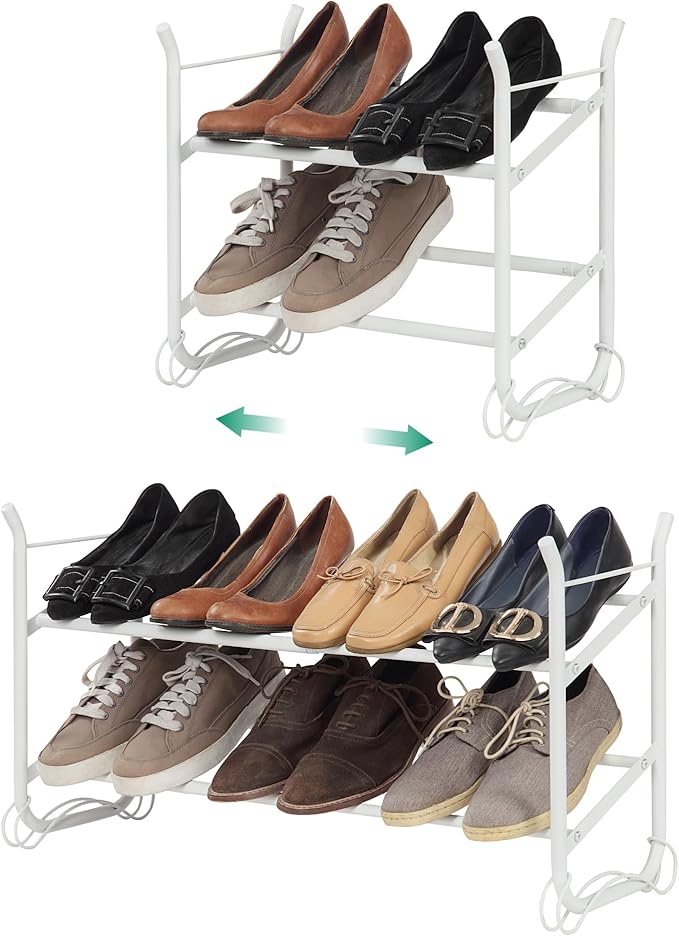 SunnyPoint Expandable & Stackable 2-Tier Shoe Rack – Adjustable Shoe Organizer for Entryway, Closet or Bedroom, Holds 4 to 8 Pairs, Space-Saving Metal Shoe Storage Shelf (17.5"–31.49" W) (WHT, 2 Tier)