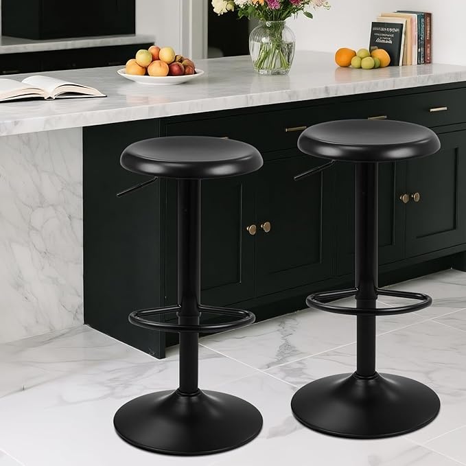 Bar Stools - 2 Pack, Adjustable Swivel Height Counter Bar Stool, Modern Metal Barstools, Backless Barstool for Bar, Kitchen Island, Pub, Black