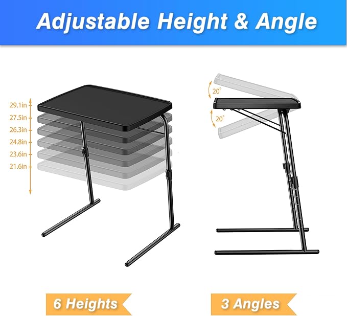 Max TV Tray Table, Allpop Adjustable Large TV Tray for Eating, Folding Dinner Laptop Table on Couch & Bed with 6 Heights & 3 Tilt Angles, Black