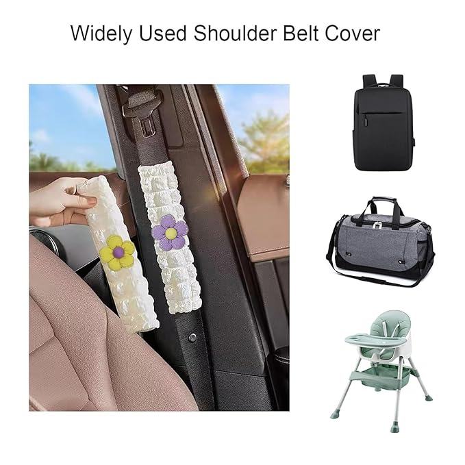 Car Seat Belt Cover Pad, 2 Pack Flower Car Accessorie Seatbelt Covers Cushion Neck Shoulder Strap Protector Universal Seat Belt Cover for Adults and Kids (Purple and Yellow)