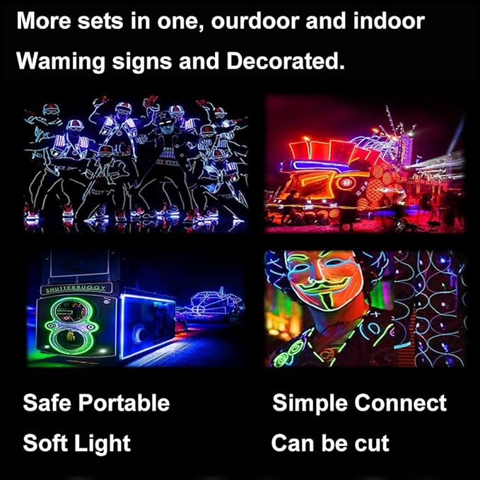 MaxLax EL Wire Ice Blue 10-Pack, 9ft/2.75m Neon Light Wire with Noise Reduction and Battery Pack…