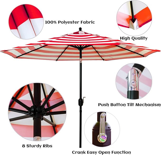 Sunnyglade 9' Patio Umbrella Outdoor Table Umbrella with 8 Sturdy Ribs (Red and White)