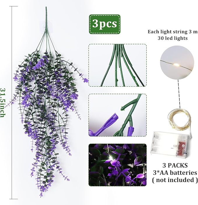 Artificial Hanging Plants with Lights Fake Monkey Plants Wall Decor Fake Outdoor Hanging Plants Hanging plants for Room Wedding Proch Yard Outdoor Home Wall Kitchen Bathroom Indoor Decoration(Purple)