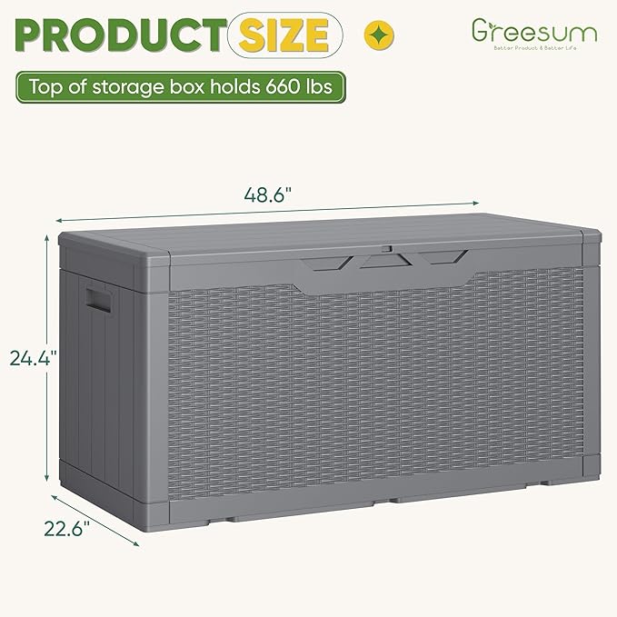Greesum Outdoor Storage Box 100 Gallon Storage Bin with Lid for Patio Furniture, Garden Tools, Pool Supplies, Lockable, Waterproof and UV Resistant, Gray