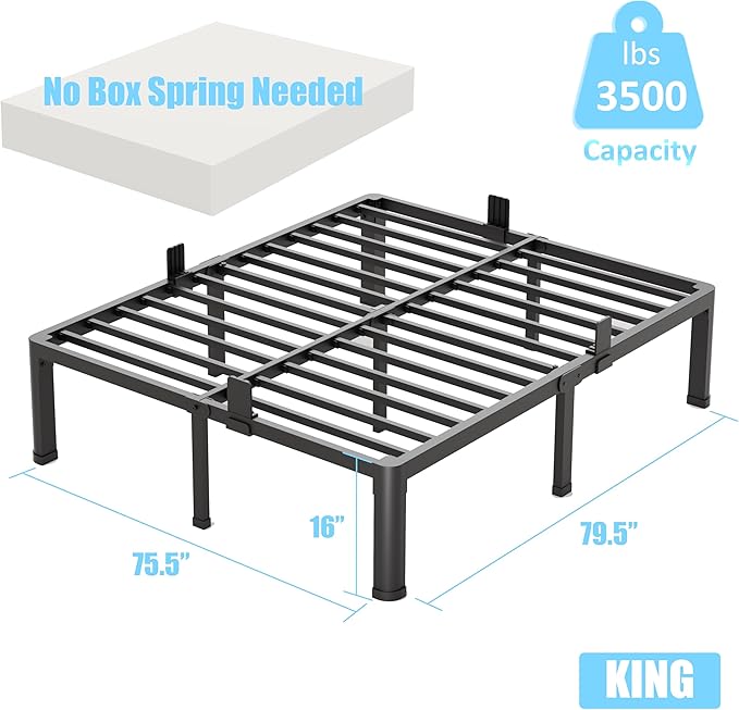 FUIOBYVV King Bed Frame with Round Corner Edge Legs 16 inch High 3500 lbs Heavy Duty Metal Platform Bed Frame King Size No Box Spring Needed/Noise Free/Steel Slat Support/Non-Slip Black