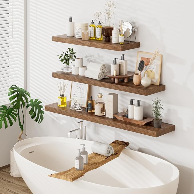 Heimlove 36 Inch Long Walnut Floating Shelf for Wall, 12" Deep Floating Shelves Wall Shelves for Bedroom Living Room Bedroom,Wall Mounted Shelves for Storage Book Decor, Set of 2