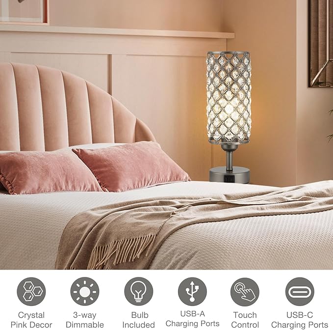 Hong-in Gray Crystal Table Lamp - 3-Way Dimmable Touch Control, Bedside Lamp with USB C and A Ports, Nightstand Light for Living Room, Bedroom, Home Office (Bulb Included)