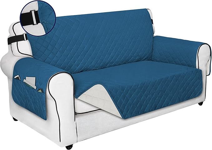 PureFit Reversible Sofa Cover Water Resistant Loveseat Couch Cover, Machine Washable Furniture Cover with Non-Slip Foam and Adjustable Strap for Dogs, Pets (Loveseat, Peacock Blue/Ivory)