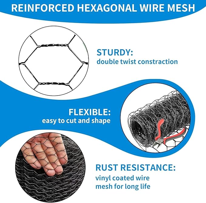 24'' x 50' Black Chicken Wire Fencing, 1 inch Chicken Wire and 20 Gauge Poultry Netting, Garden Mesh Fence Roll for Floral Arrangements,Crafts, Farm,Livestock,Pet Protection