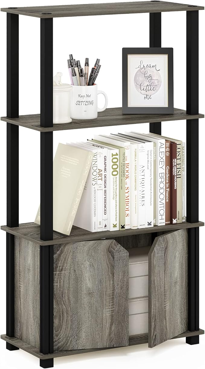 Furinno Brahms 4-Tier Multipurpose Bookcase/Bookshelf/Display Shelf/Display Rack with Door, French Oak Grey/Black