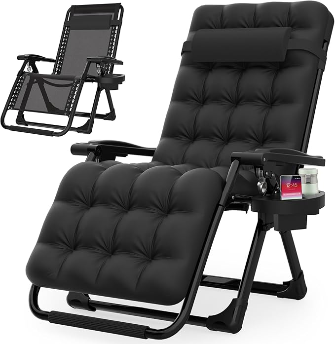 Suteck Zero Gravity Chair, Reclining Camping Lounge Chair w/Removable Cushion, Upgraded Lock and Cup Holder, Reclining Patio Chairs Folding Recliner for Indoor and Outdoor