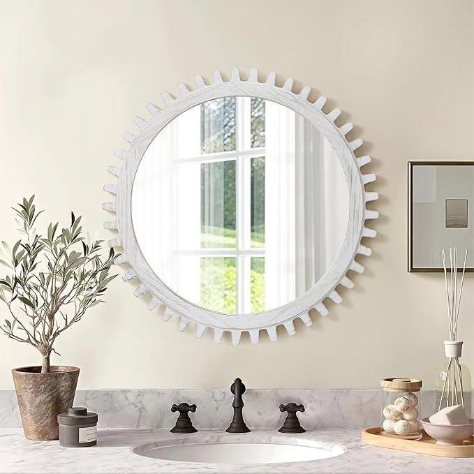 ULIKE Round Wood Mirror, 24 Inch Rustic Farmhouse Circle Mirror with Wooden Frame, Mordern Wall Decor for Bathroom Nursery Bedroom Living Room Entryway, White