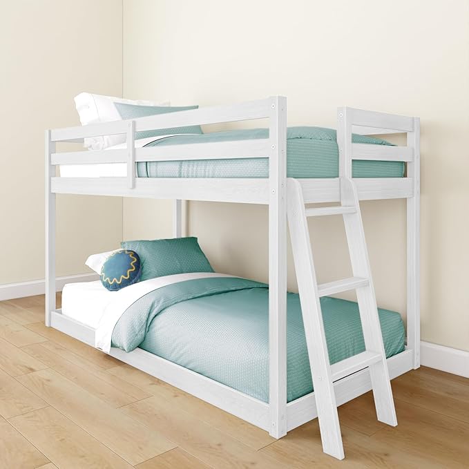 Grain & Grove Bear Twin Over Twin Bunk Bed, Low Bunk Bed Frame for Kids, Bunk with Ladder, Guardrail, and Slats, No Box Spring Required, Brushed White