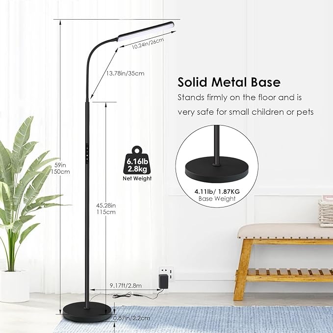 Dimunt LED Floor Lamp, Bright 15W Floor Lamps for Living Room with 1H Timer, Stepless Adjustable 3000K-6000K Colors & Brightness Standing Lamp with Remote & Touch Control Reading Floor Lamps