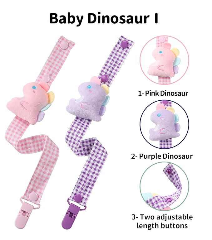 CutiePlusU Adult Pacifier Clip Adult Size Pacifier Holder Clip 4 Pack- Dinosaur Baby