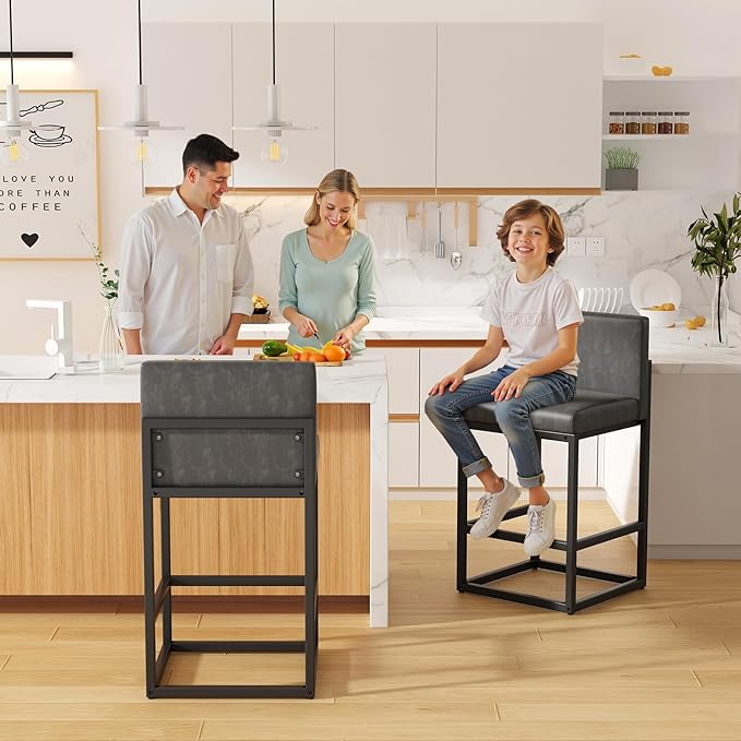 Barstools Set of 2 Grey Metal Bar Stools Modern Bar Chairs Pu Leather for Kitchen Island Counter Height Cafe Resturant Stools, 26 Inch