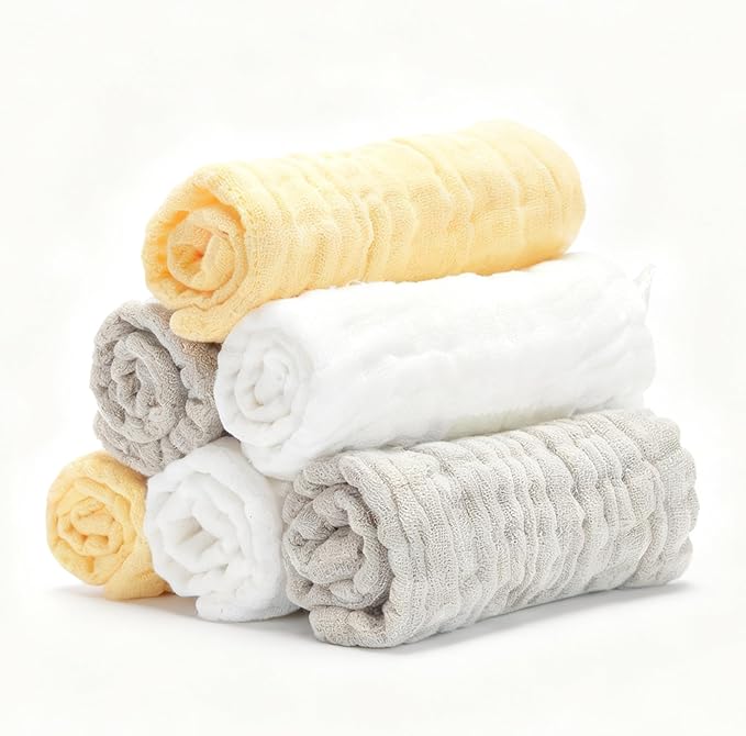 Organic Muslin Baby Washcloths 6 Pack Baby Bath Face Towel 12x12 Inch Extra Absorbent and Soft Burp Cloth and Wash Cloths for Newborn-Infants On Sensitive Skin (White Brown Yellow)