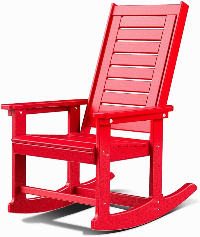 GREENVINES Outdoor Rocking Chairs | Porch Rocker | HDPE Plastic | Red | Oversized Rockers | High Back | Big & Tall | Ladder Back | for Patio Outside Backyard Balcony Garden