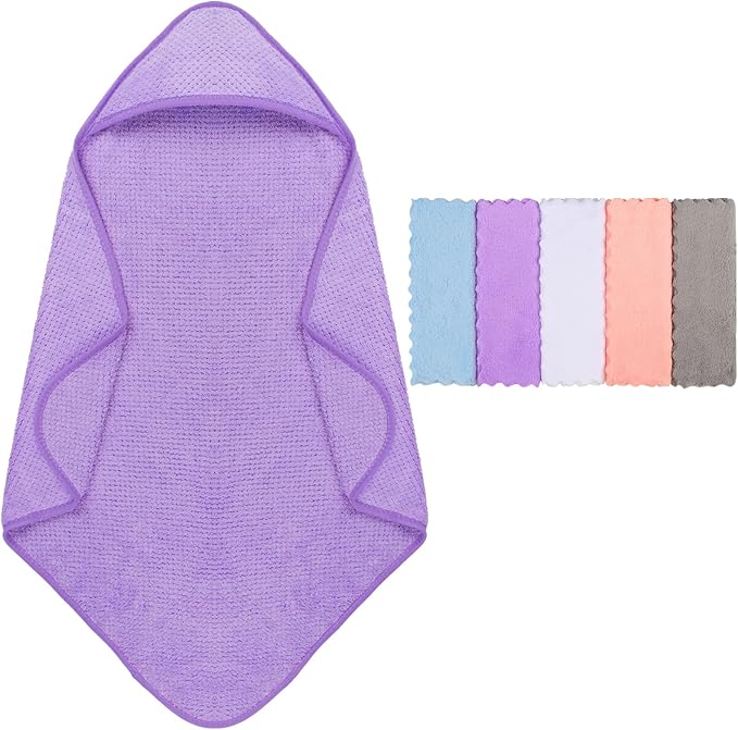 Orighty Baby Hooded Towel with Five Washcloths, 28 x 28 Inch Super Soft Bath Towel with Hood for Babies, Infant, Newborn Essential - Ideal Baby Stuff Registry for Boys and Girls (Purple)