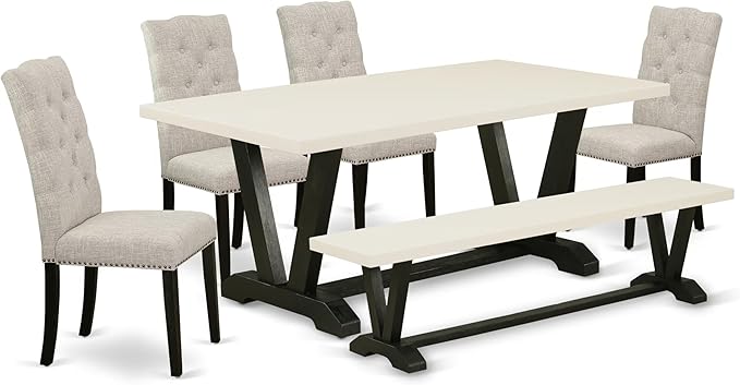 East West Furniture V627EL635-6 6 Piece Dining Table Set Contains a Rectangle Dining Room Table with V-Legs and 4 Doeskin Linen Fabric Parson Chairs with a Bench, 40x72 Inch, Multi-Color