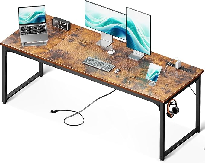Coleshome 71 Inch Computer Desk with USB Ports, Large Office Desk, Long Study Student Writing Desk, Rustic Brown