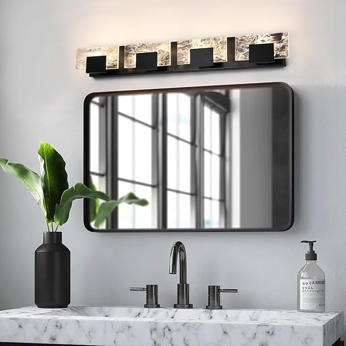 LED Bathroom Vanity Light: 32in Matte Black Acrylic Modern Lighting Fixtures - 4-Light Contemporary Smoke Design Wall Lights Fixture Over Mirror 3000K