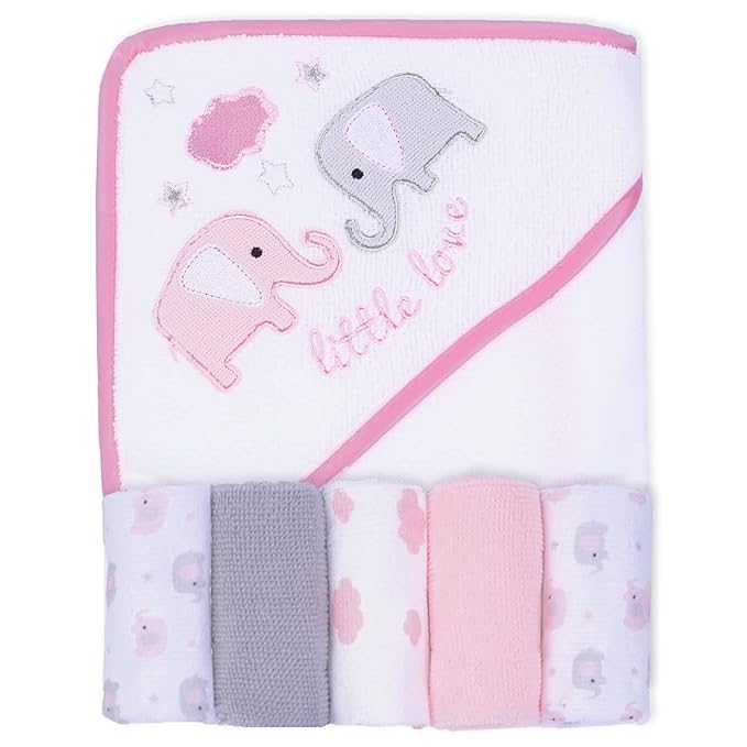 Viviland Baby Towels and Washcloths, Soft Absorbent Pink Baby Bath Towel Set, Elephant Hooded Towels with 5 Infant Face Washcloths (6 Pieces)