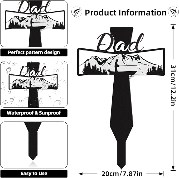 Dad Grave Decorations for Cemetery - Father Grave Markers for Humans Fishman Metal Memorial Sympathy Garden Stakes Plaques for Outdoors