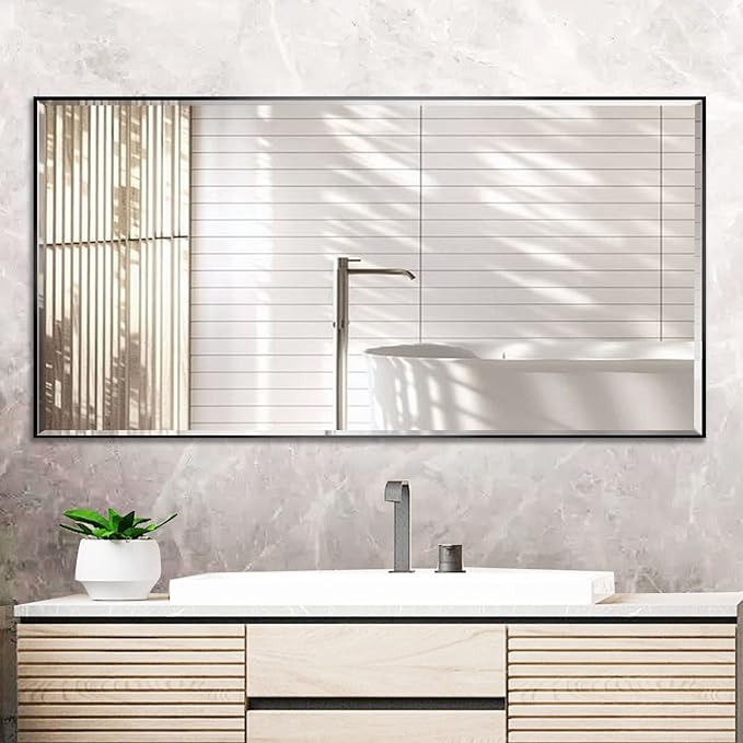 20x40 Inch Black Mirror with Beveled Trim, Aluminum Frame Bathroom Vanity Mirror, Copper-Free Mirror, Rectangle Wall Mounted Mirror, Modern Rectangular Mirror Horizontal or Vertical