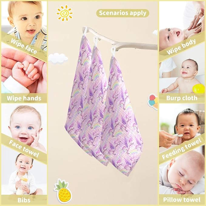 Newborn Face Towel Unicorn Rainbow Soft Cotton Baby Washcloths 11.8 x 11.8 Inch Infants Girls Boys Muslin Burp Cloths 5 Pack