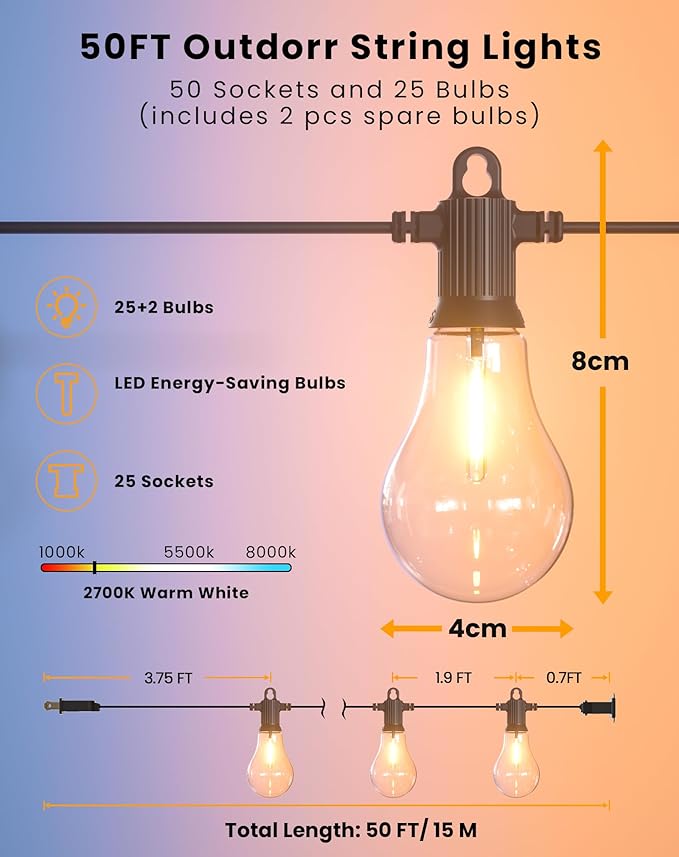 Zuske Outdoor String Lights, 50FT LED Patio Lights with 25+2 A45 Vintage Edison Shatterproof Bulbs, Waterproof Connectable Dimmable Outside Hanging Lights for Backyard Bistro Porch Garden