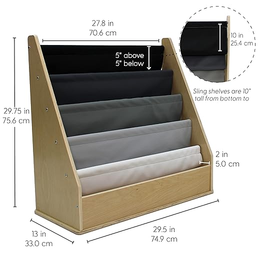 FDP Birch SoftScape Sling Book Display, 4-Shelf Vinyl Storage for Kid's Books and Magazines, Children's Furniture for Bedroom, Playroom, Daycare, Preschool or Classroom - Gray/Light Gray, 13745-GYLG