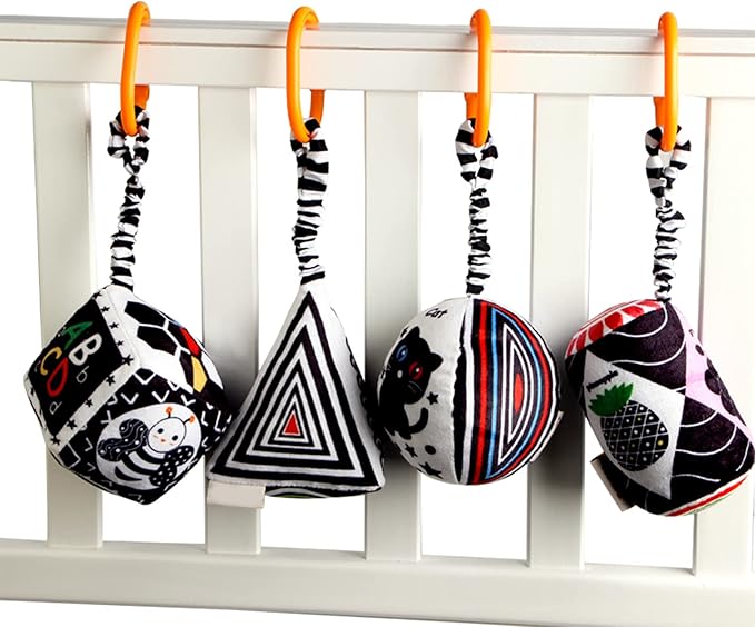 KAKIBLIN Baby Hanging Rattle Toys, 4 Pack Black and White Car Seat Baby Toys Soft Squeaky Stroller Toy for Babies Montessori Sensory Toy 0-12 Months for Newborn Infant, White and Black